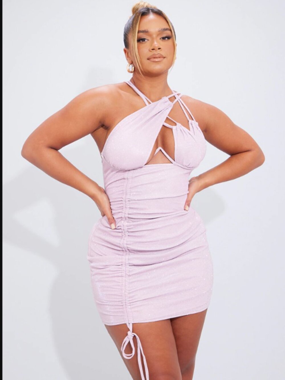 Pretty Little Thing Mauve Glitter Cup Detail Rushed Side Bodycon Size 8